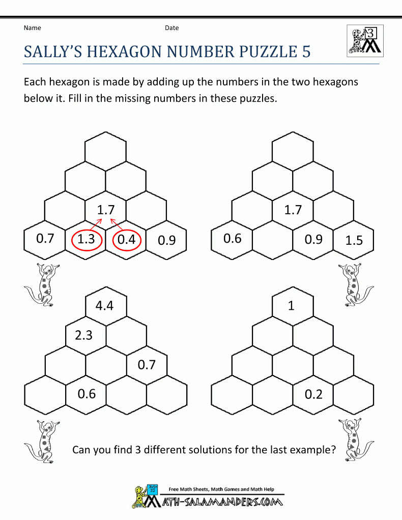 Printable Math Puzzles Sallys Hexagon Number Puzzle 5 | School - Free Printable Math Puzzles