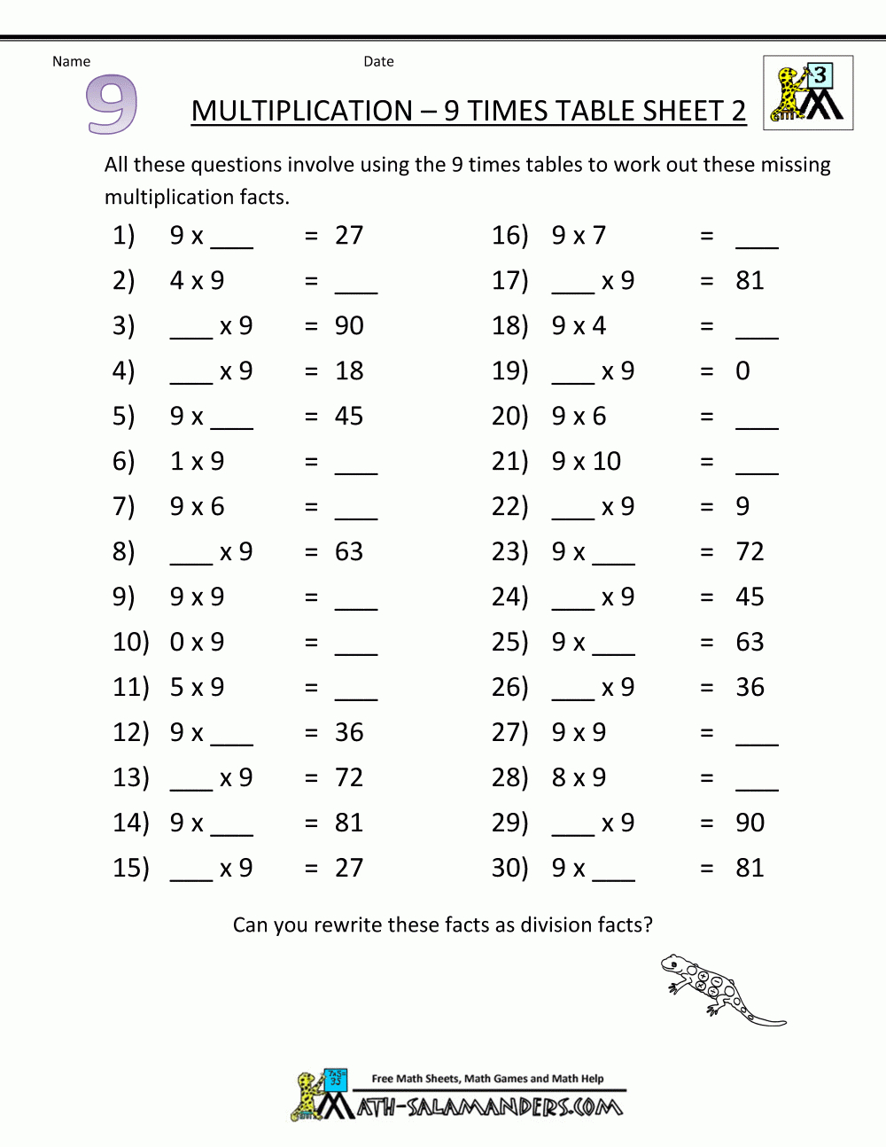 Printable Math Worksheets Multiplication 9 Times Table 2 | Education - Free Printable Math Worksheets Multiplication Facts
