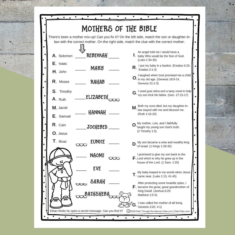 Printable Mothers Of The Bible Worksheet - Path Through The Narrow Gate - Free Printable Activities For Adults