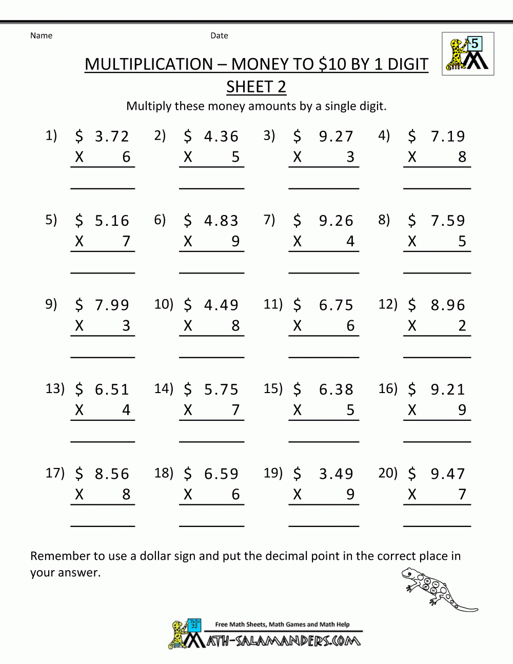 Printable Multiplication Sheet 5Th Grade - Multiplying Decimals Free Printable Worksheets
