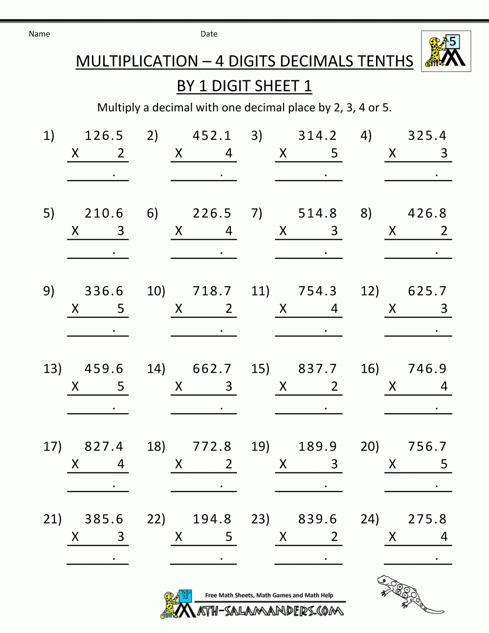 Printable Multiplication Sheets 5Th Grade - Multiplying Decimals Free Printable Worksheets