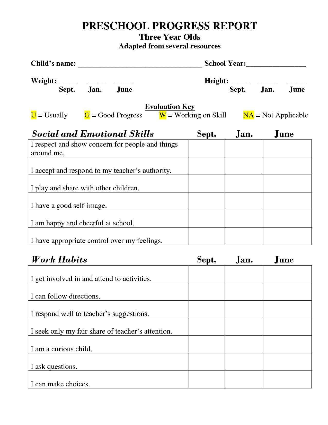 Printable Preschool Progress Report Template | Kg | Preschool Daily - Free Printable Kindergarten Report Cards