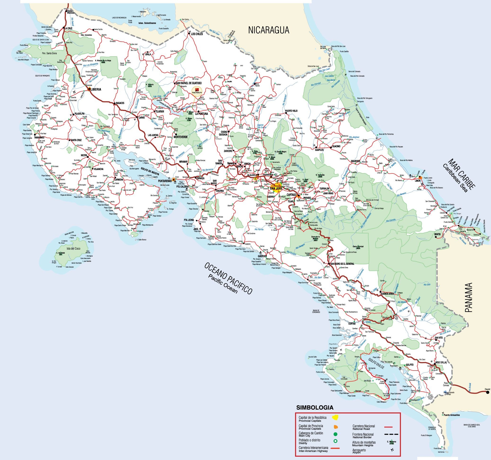 Printable Road Map Of Costa Rica Detailed Road Map Of Costa Rica Free Printable Map Of Costa Rica 