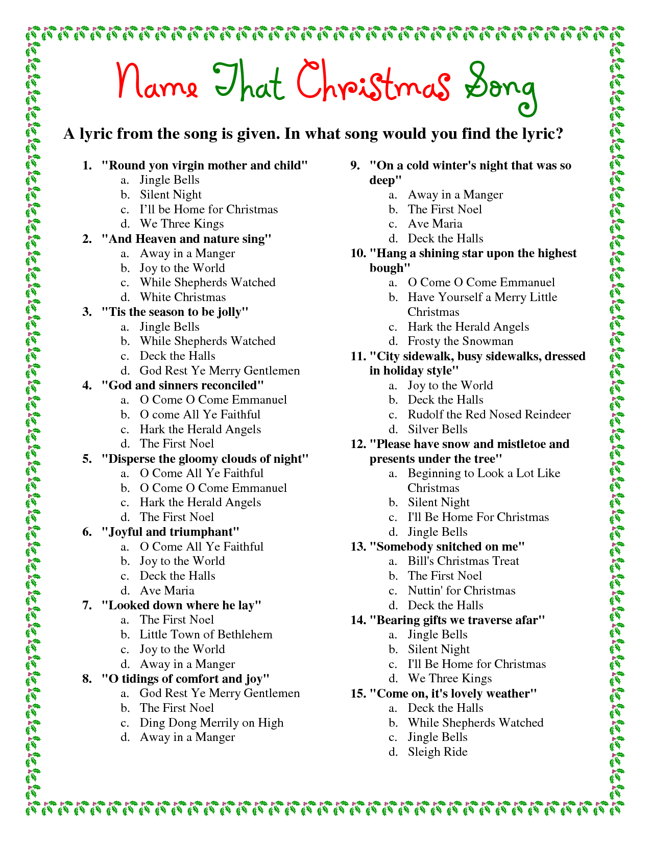 Printable+Christmas+Song+Trivia | Christmas | Christmas Trivia - Christmas Song Lyrics Game Free Printable