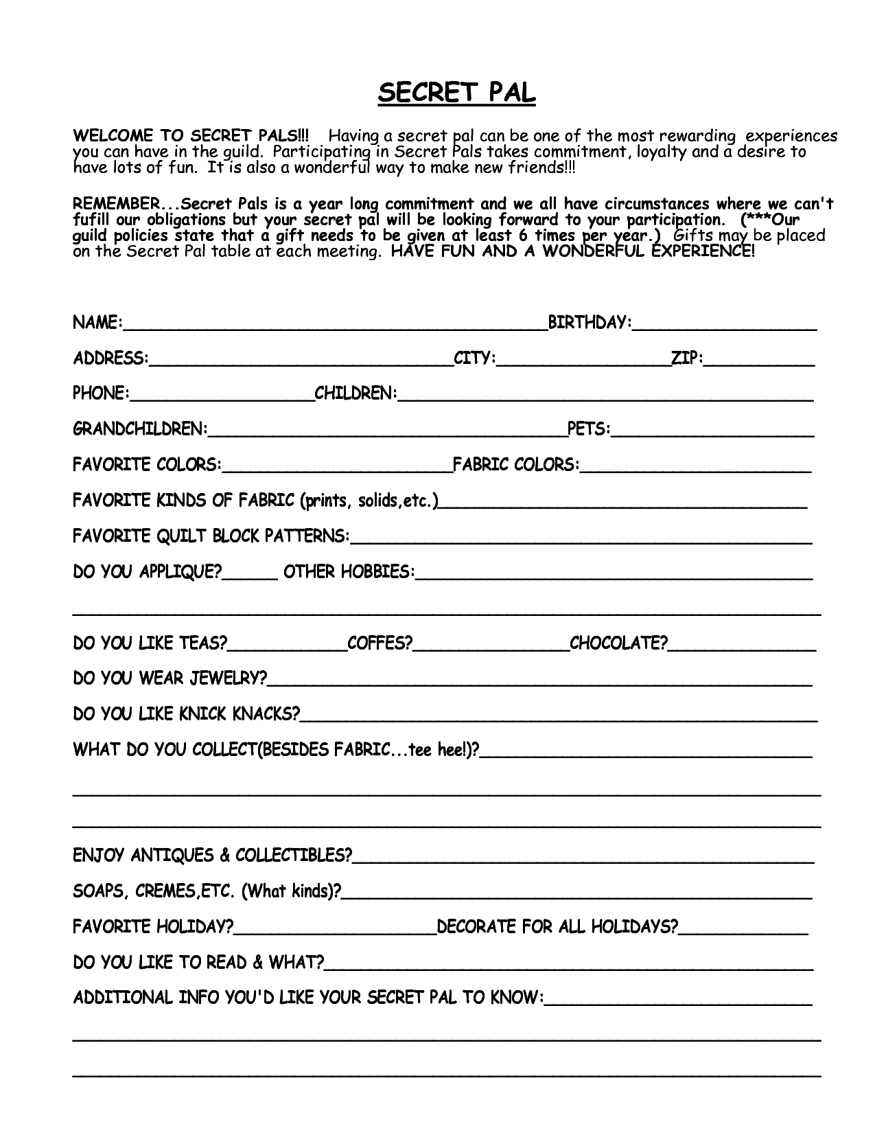 Free Printable Secret Pal Forms Free Printable