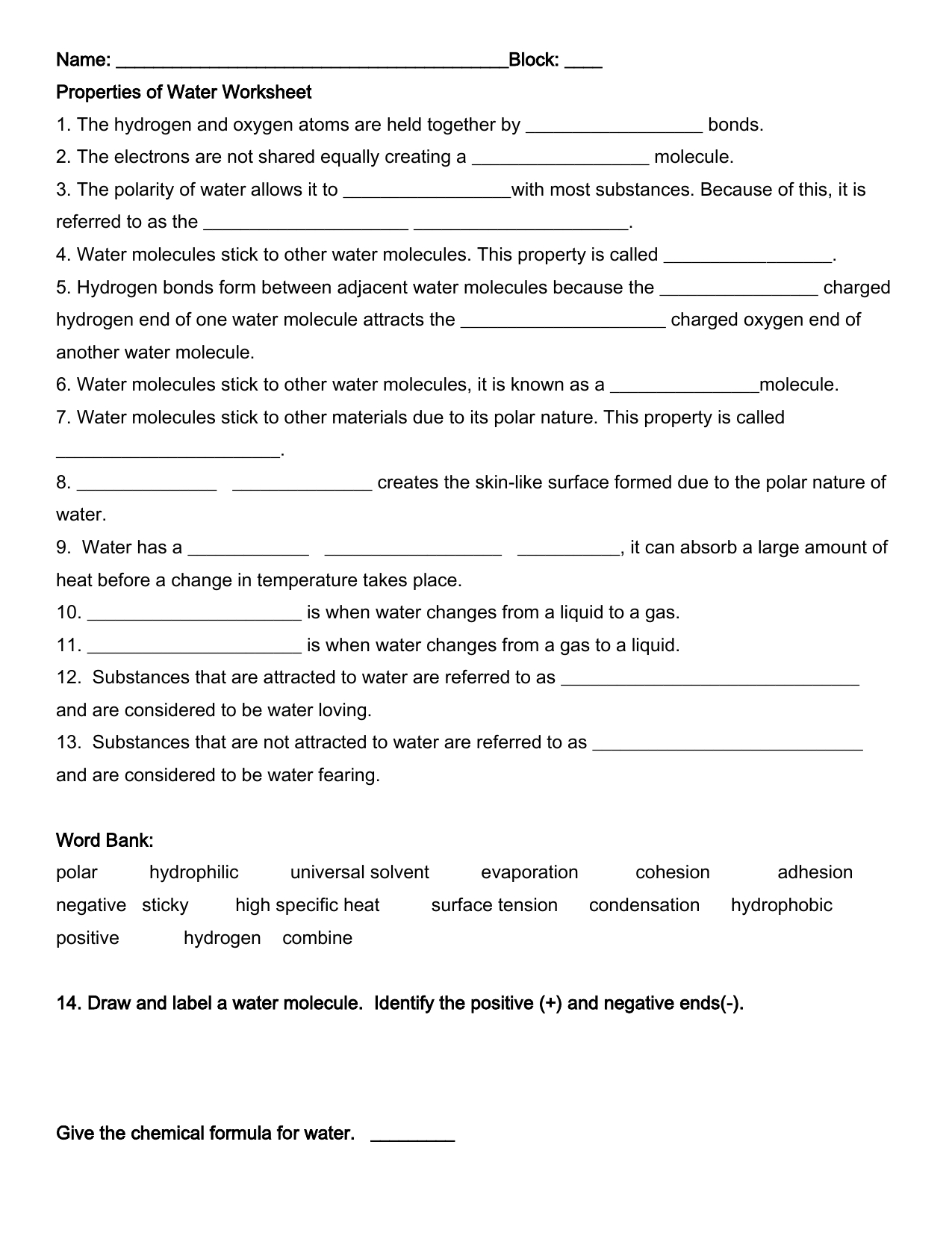 Properties Of Water Worksheet | Weather | Worksheets, Biology - Free Printable Biology Worksheets For High School