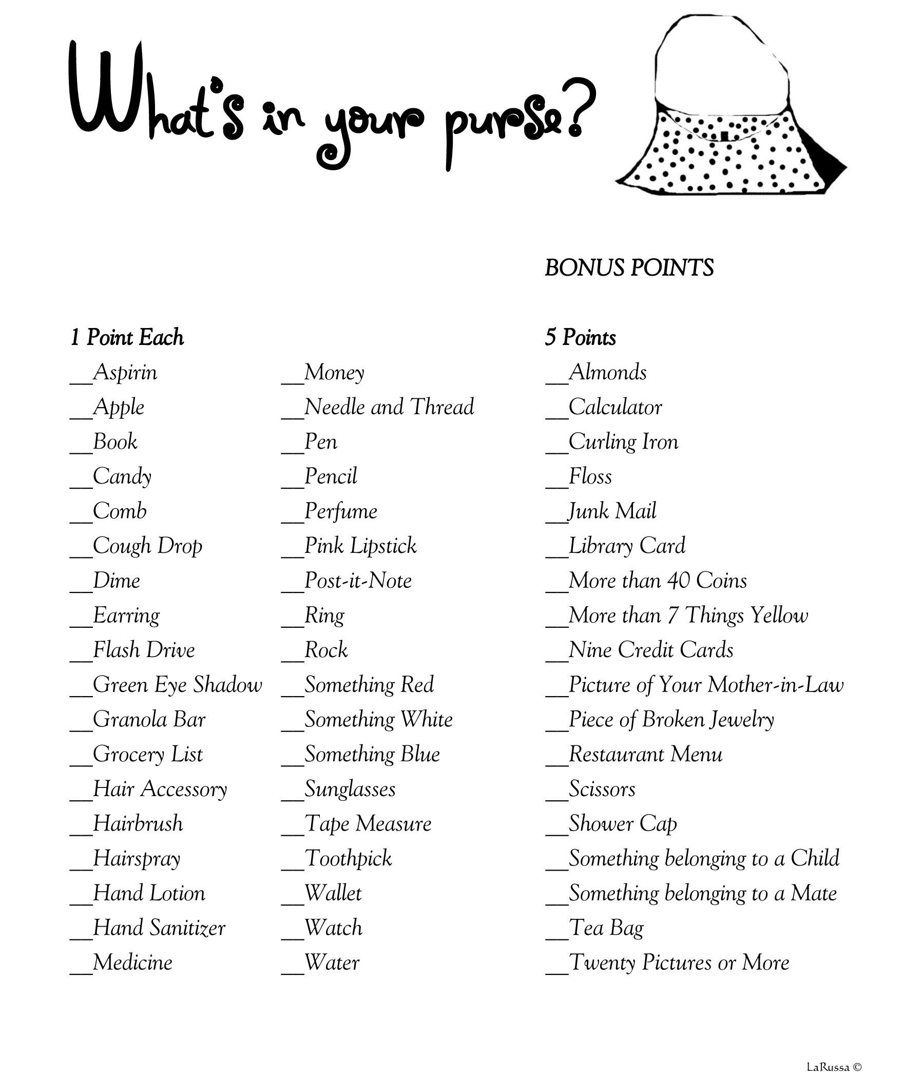 Purse Scavenger Hunt Baby Shower |  Download For Your Next Baby - Free Printable Baby Shower Games What&amp;#039;s In Your Purse