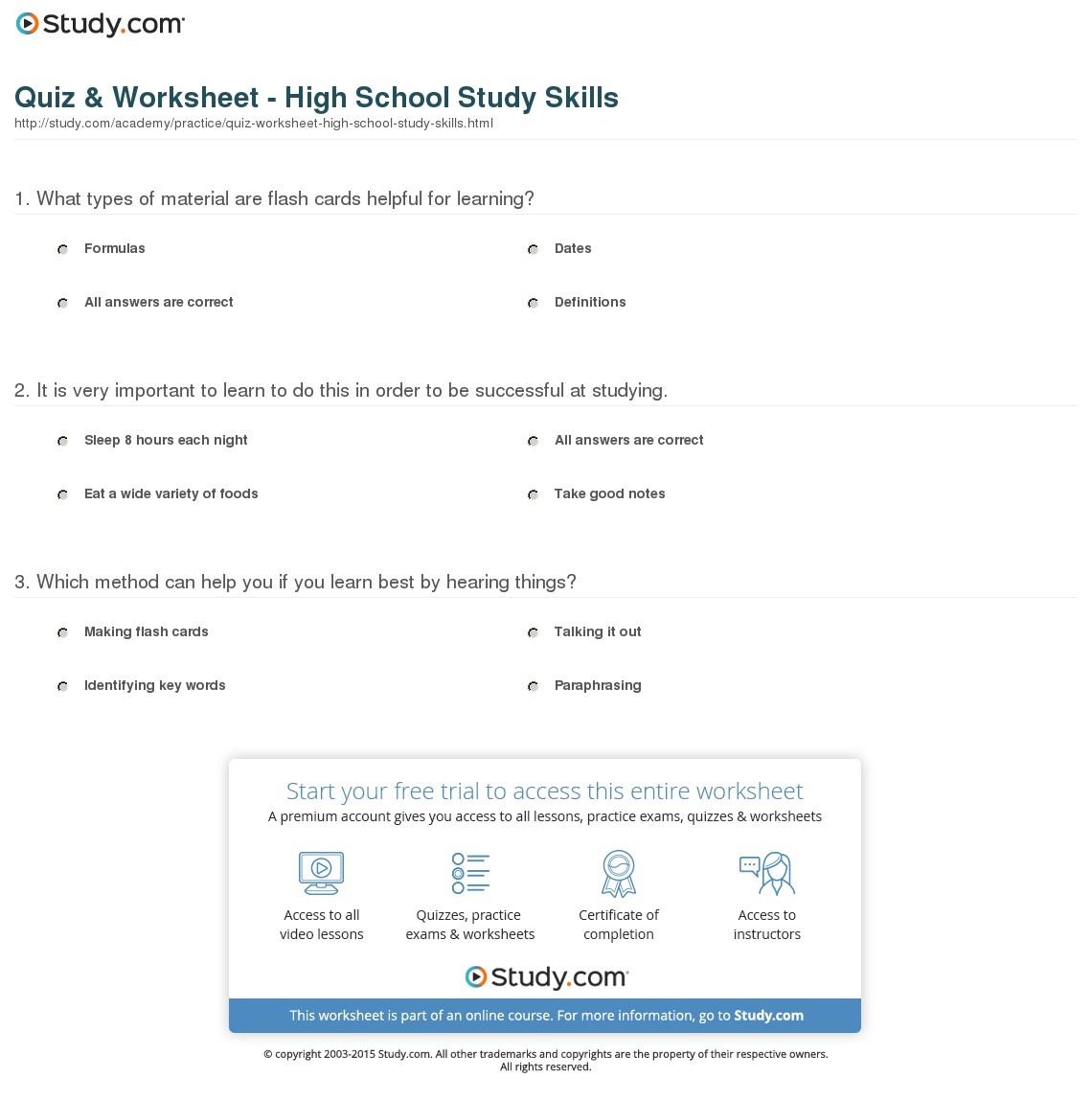 Quiz &amp;amp; Worksheet - High School Study Skills | Study - Free Printable Library Skills Worksheets