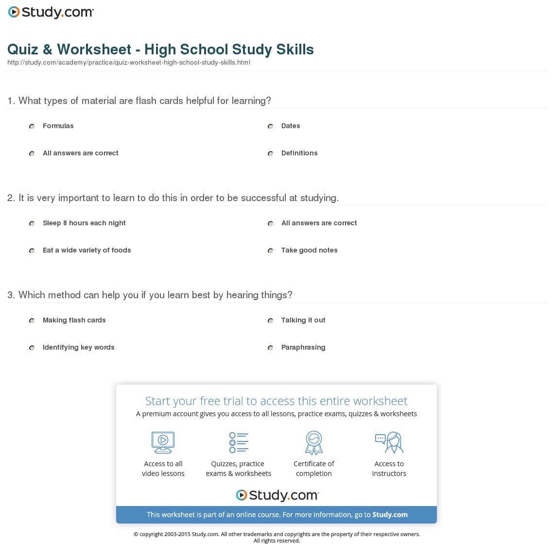 Quiz Worksheet High School Study Skills Study Free Printable 