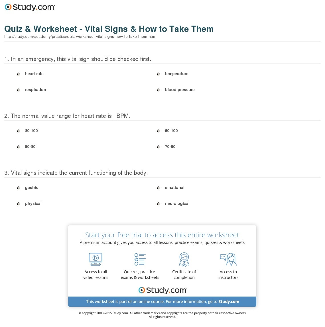 Quiz &amp;amp; Worksheet - Vital Signs &amp;amp; How To Take Them | Study - Free Printable Vital Sign Sheets