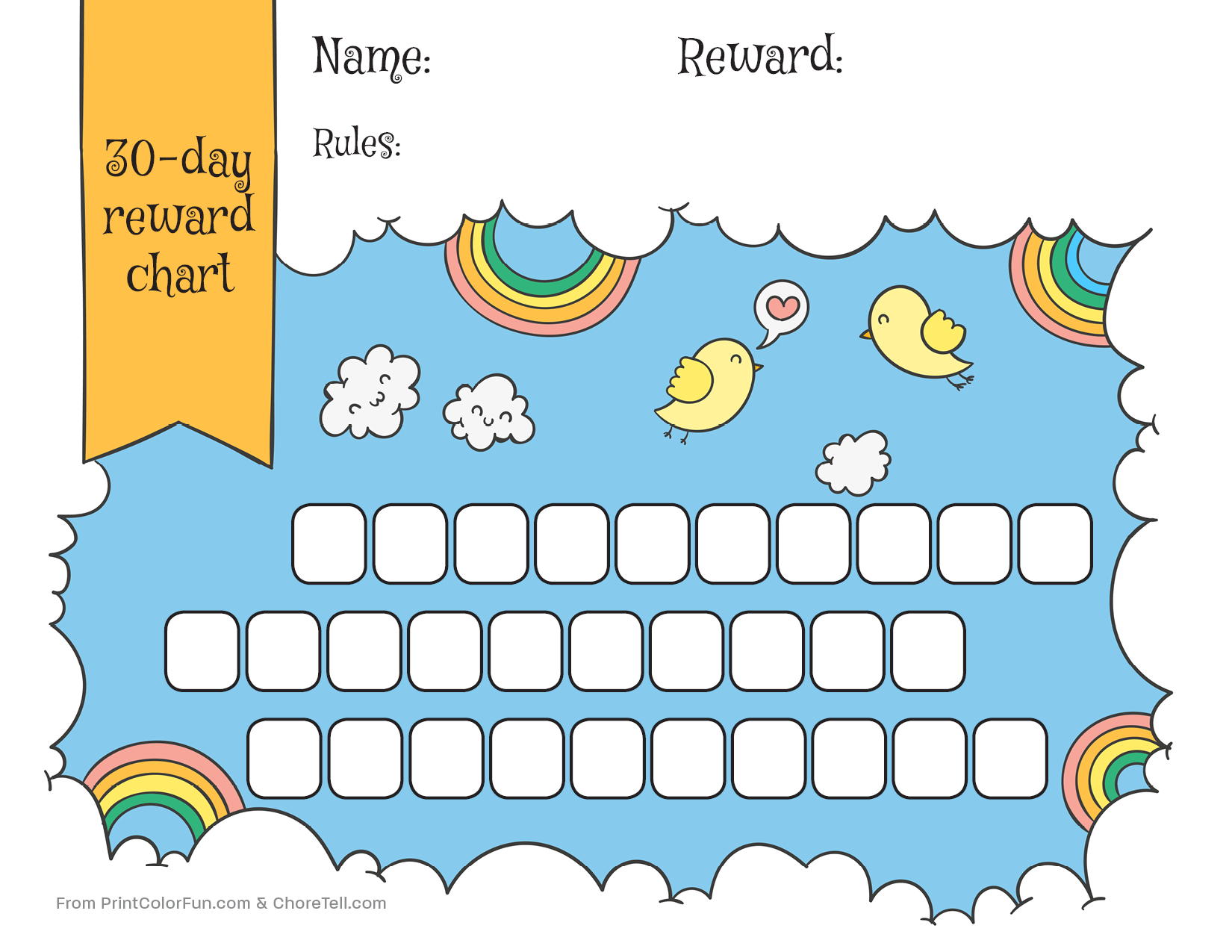 Rainbow &amp;amp; Sky 30-Day Reward Chart For Kids - Free Printable - Free Printable Reward Charts