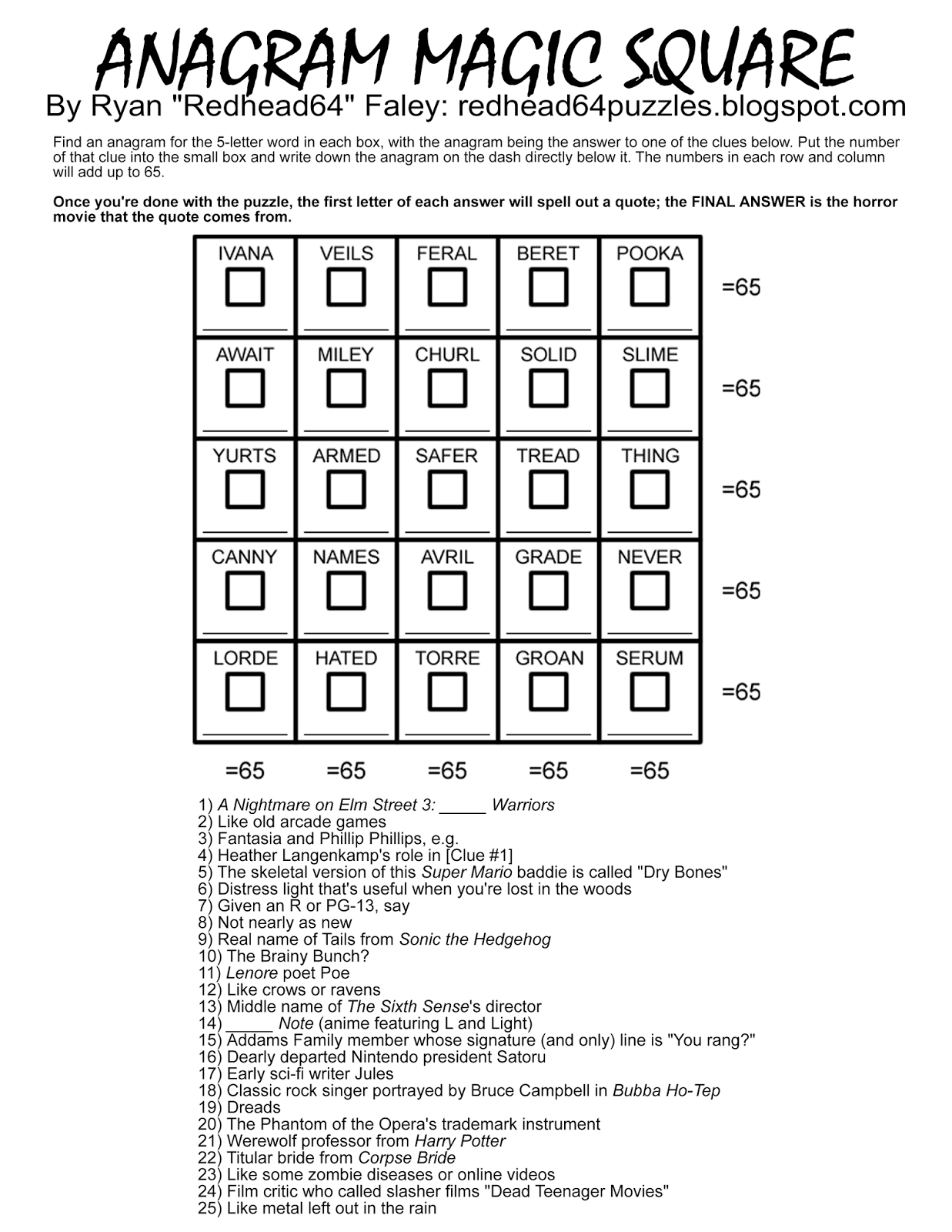 Redhead64&amp;#039;s Obscure Puzzle Blog!: Halloween Month! Puzzle #45 - Free Printable Anagram Magic Square Puzzles