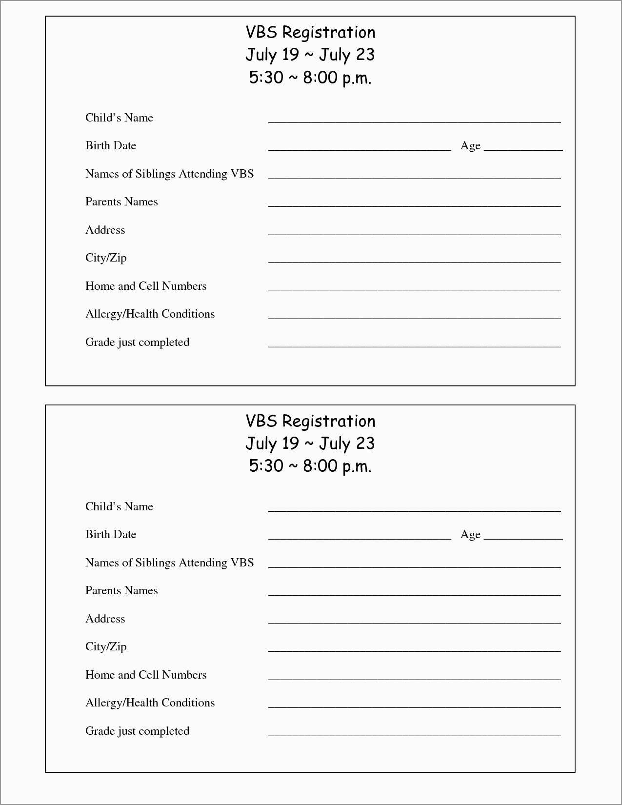 Registration Form Template Word Free Download New Printable Vbs - Free Printable Membership Forms