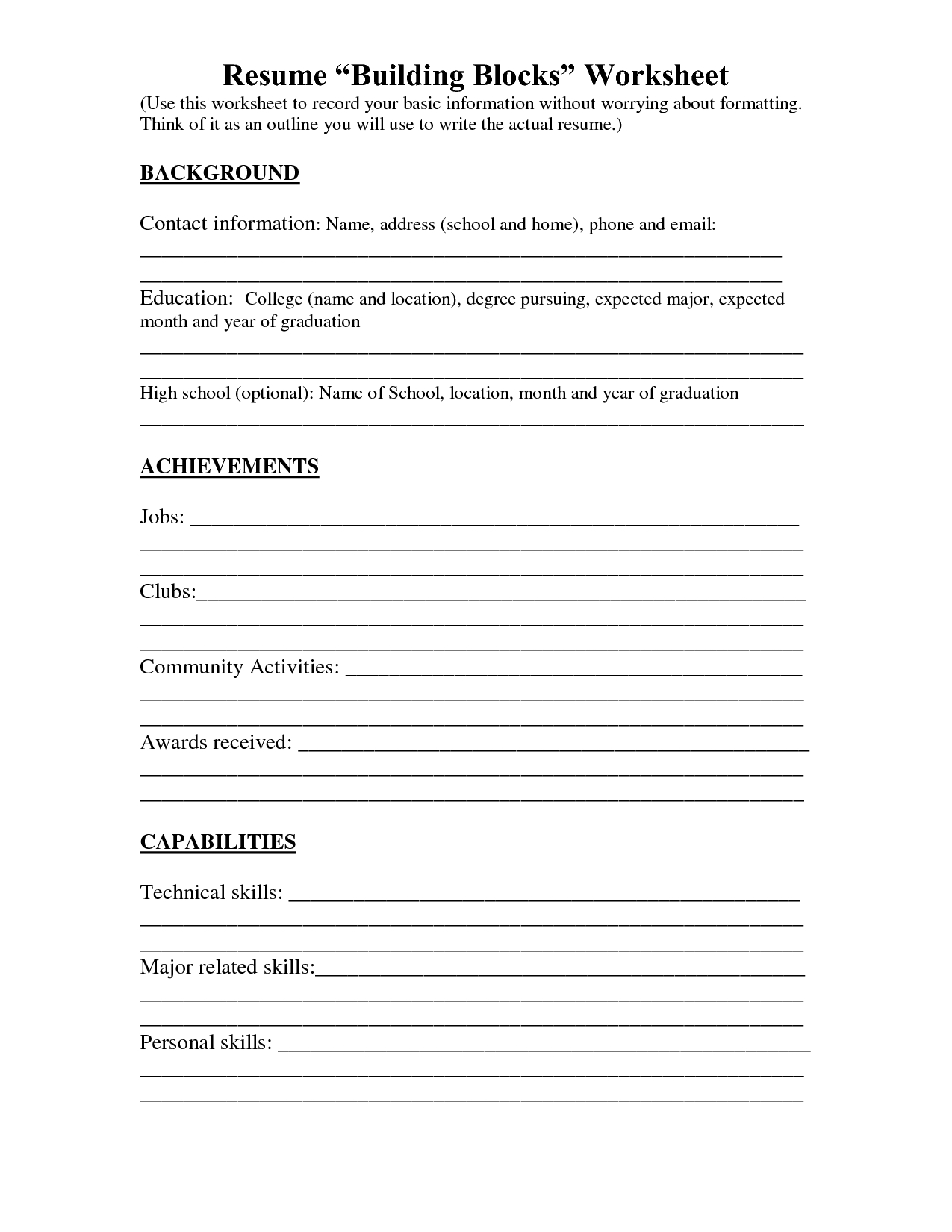 Resume Worksheet Printable And High School Builder Free Bulder Build - Free Printable Worksheets For Highschool Students