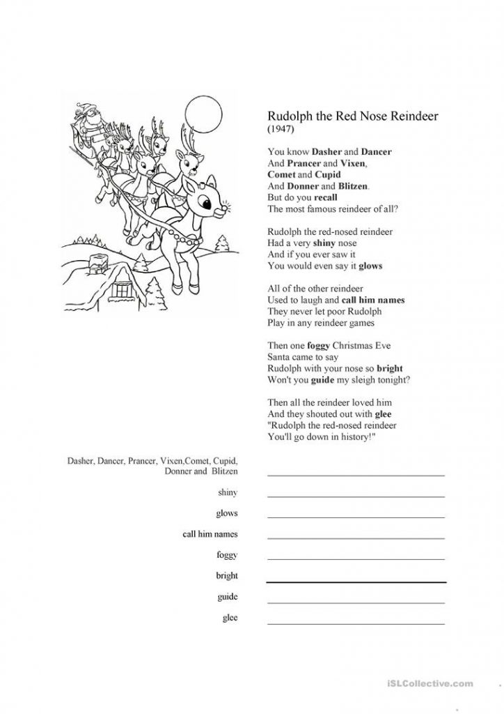 Rudolph The RedNosed Reindeer Song Lyrics Worksheet Free Esl Free