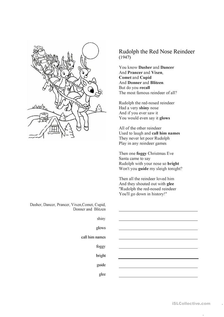 Rudolph The Red-Nosed Reindeer Song Lyrics Worksheet - Free Esl - Free Printable Song Lyrics