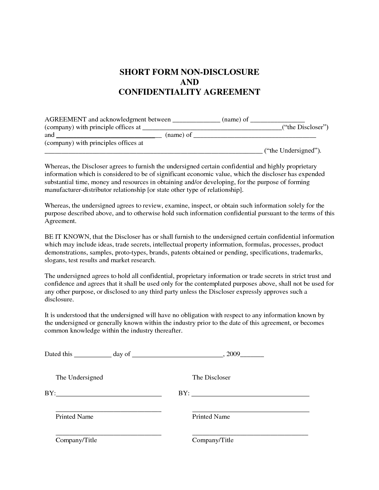 Free Printable Non Disclosure Agreement Form Free Printable