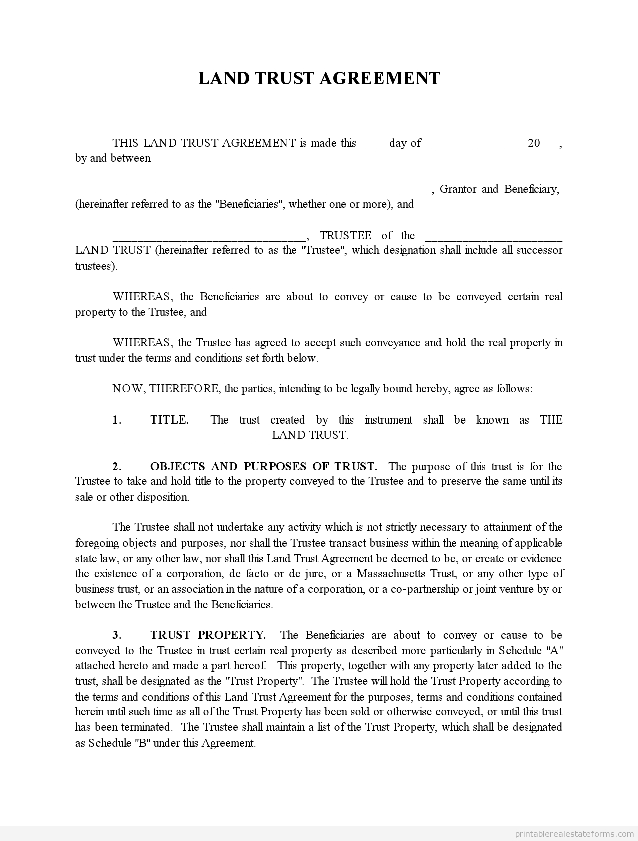 Sample Printable Land Trust Agreement Form | Printable Real Estate - Free Printable Land Contract Forms