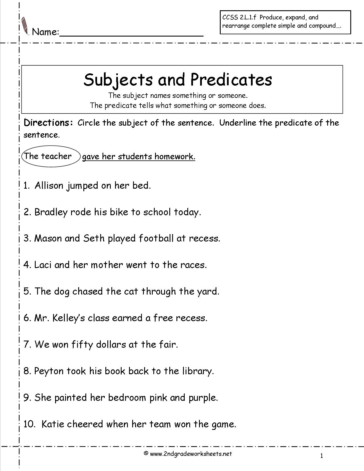 Second Grade Sentences Worksheets Ccss 2 l 1 f Worksheets Free Printable Subject Predicate