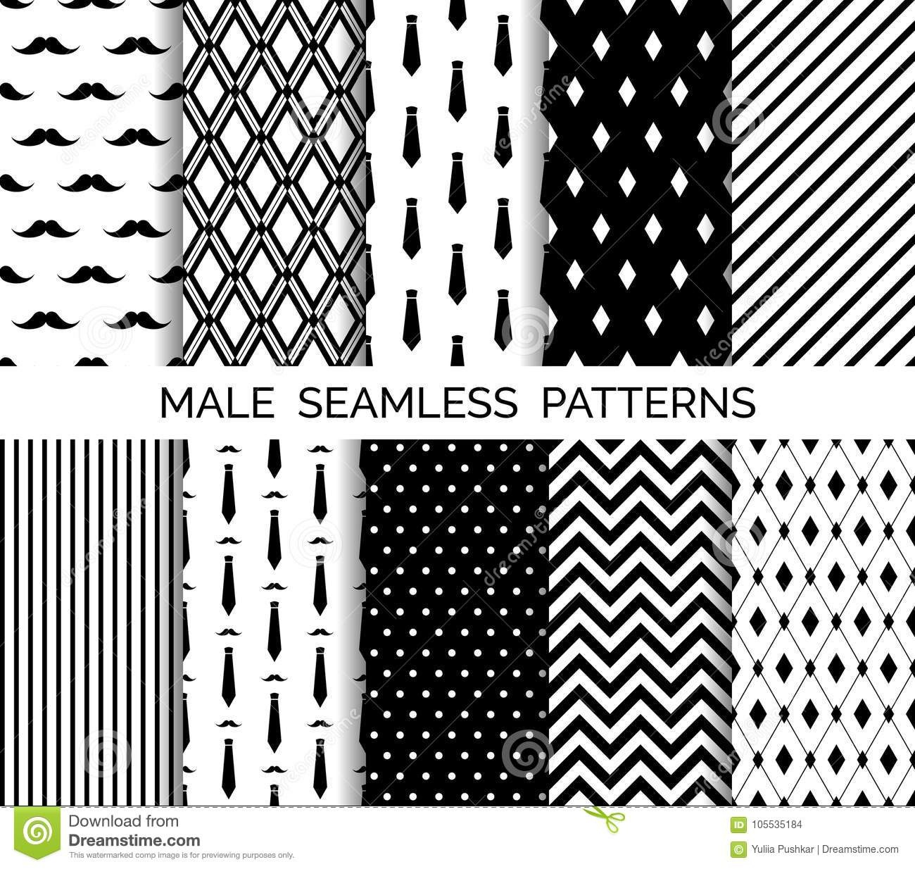 Set Of Printable Vector Male Seamless Patterns. Black And White - Free Printable Wallpaper Patterns