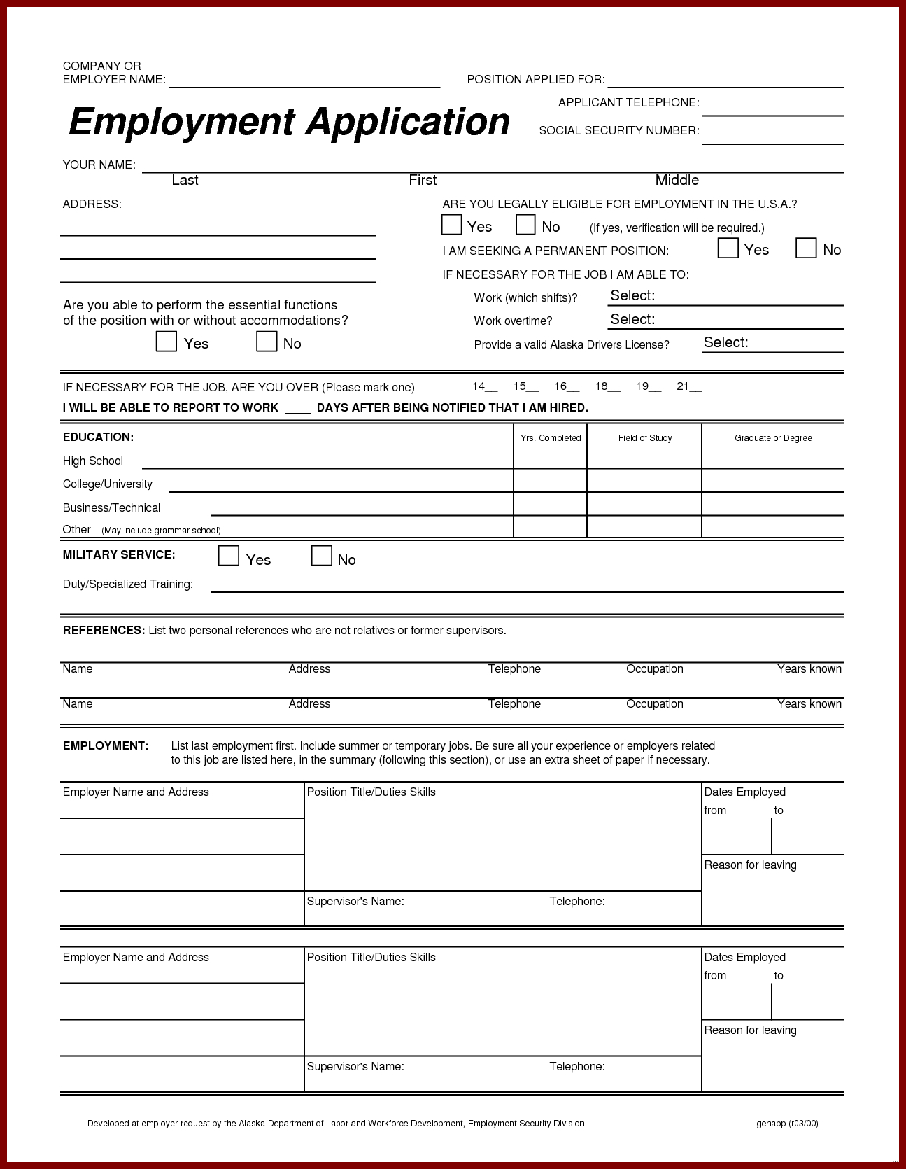 Standard Job Application Form Expert Capture Printable | Employment - Application For Employment Form Free Printable