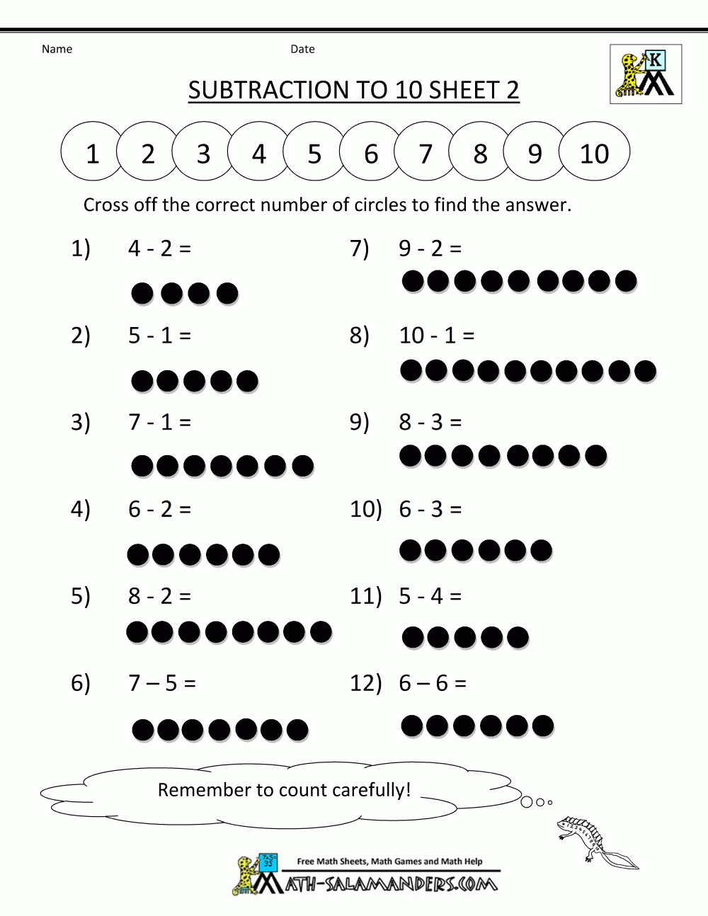 Free Printable Subtraction To 10 Worksheets