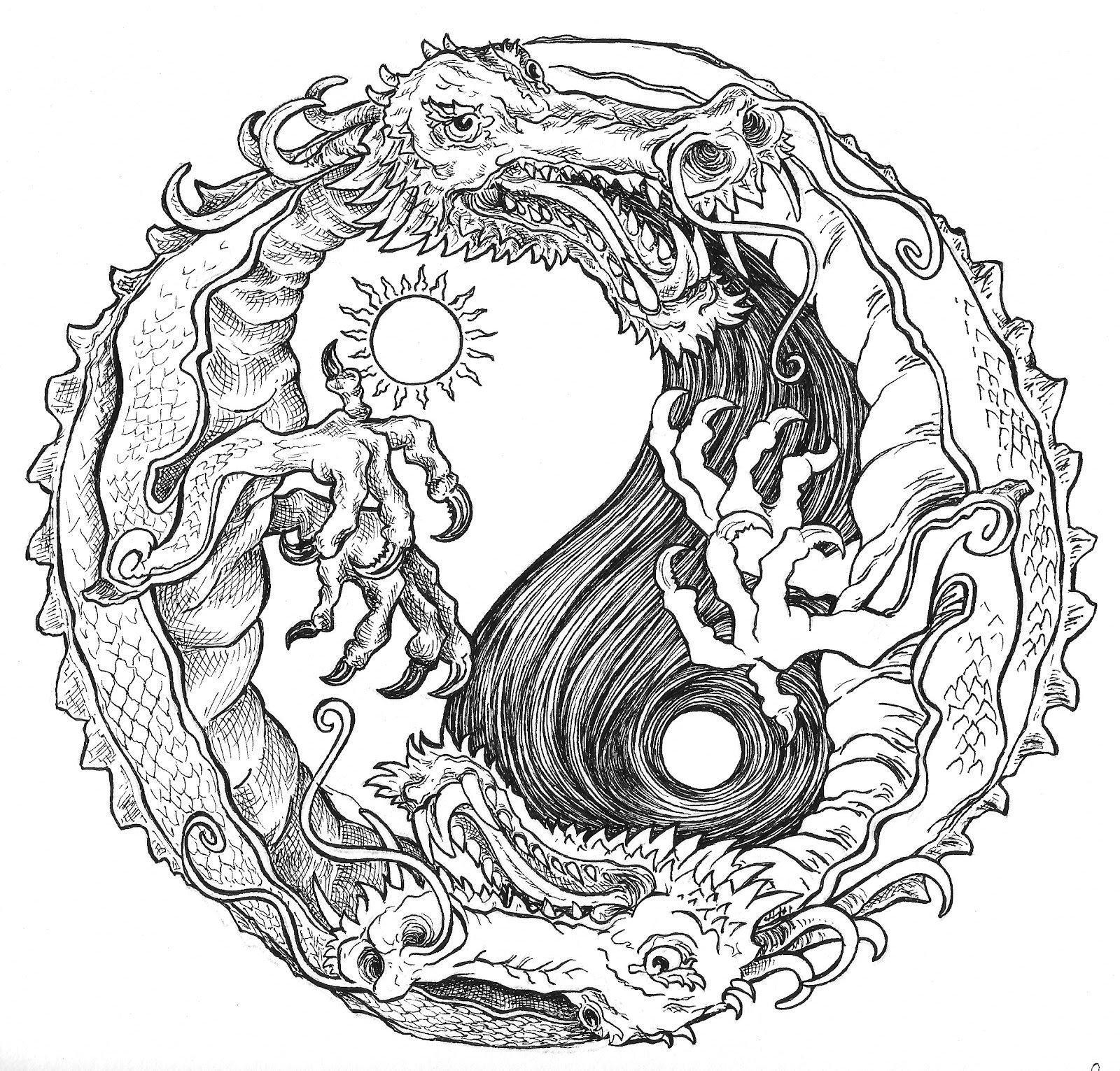 Sun And Moon Dragon Yin Yang Coloring Pages Colouring Adult Detailed - Free Printable Coloring Pages For Adults Advanced