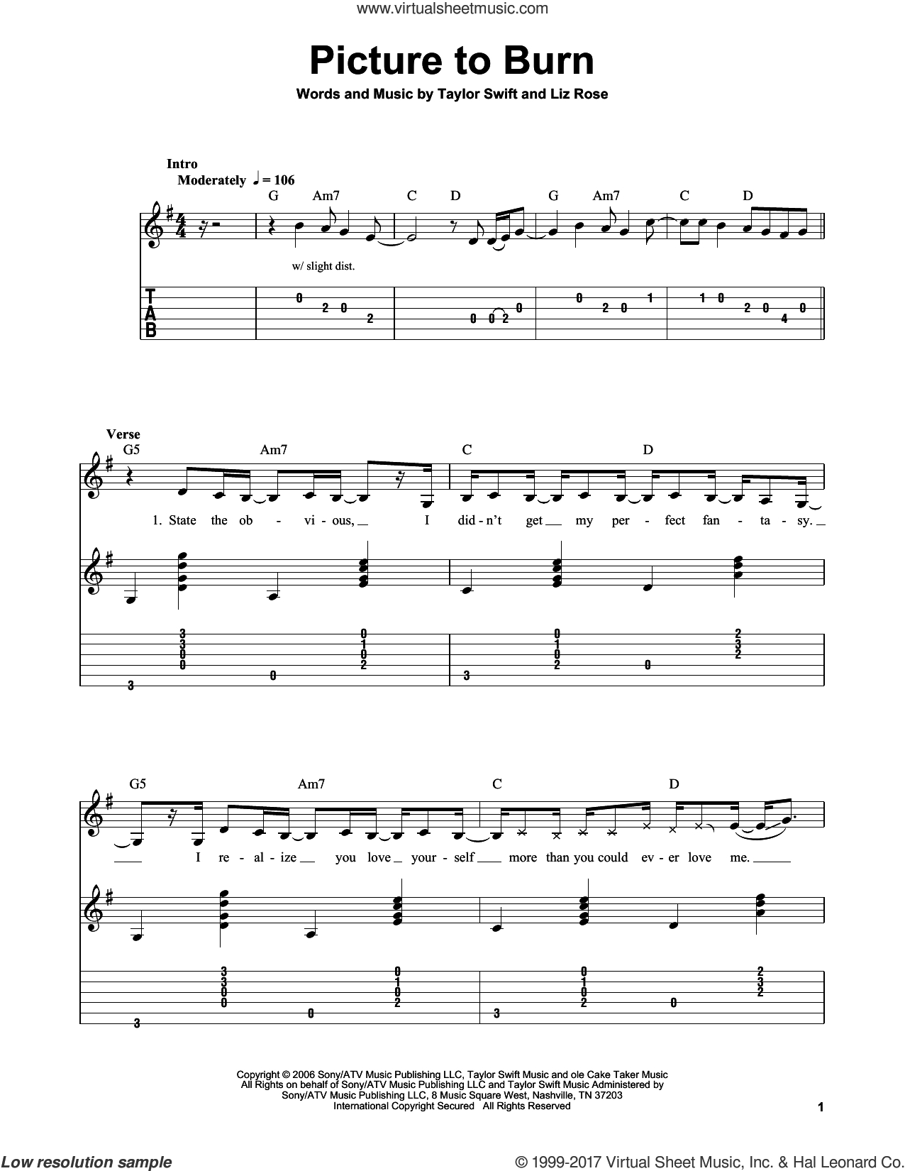 Swift - Picture To Burn Sheet Music For Guitar Solo (Easy Tablature) - Taylor Swift Mine Piano Sheet Music Free Printable