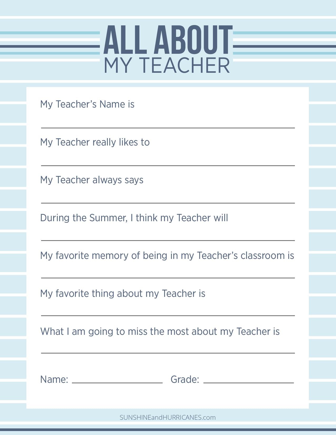 Teacher Appreciation Week Questionnaire - A Personalized Teacher Gift - Make A Printable Survey Free