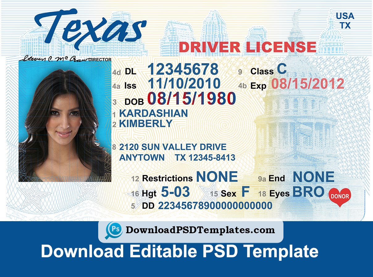 texas drivers license template psd free download