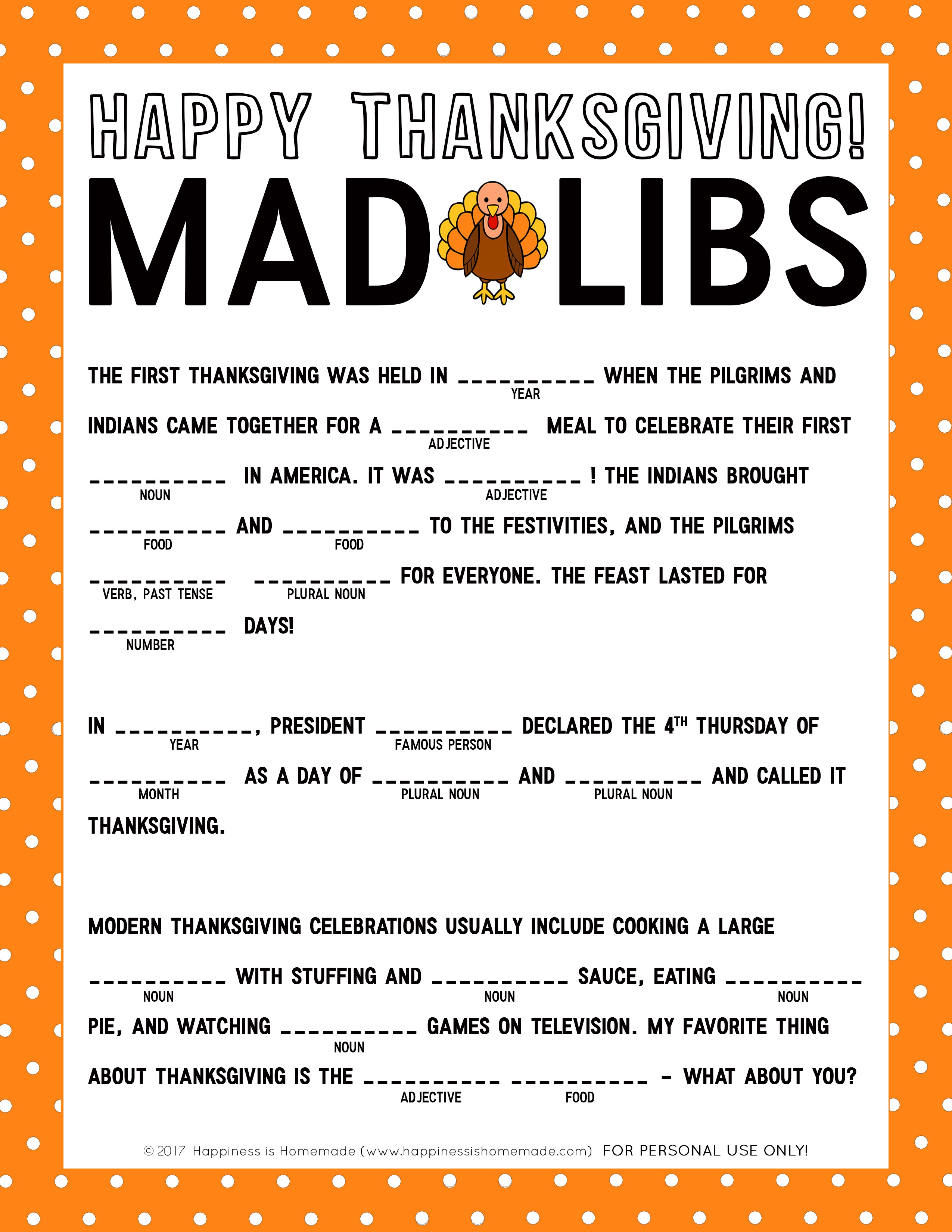 Thanksgiving Mad Libs Printable Game - Happiness Is Homemade - Thanksgiving Games Printable Free