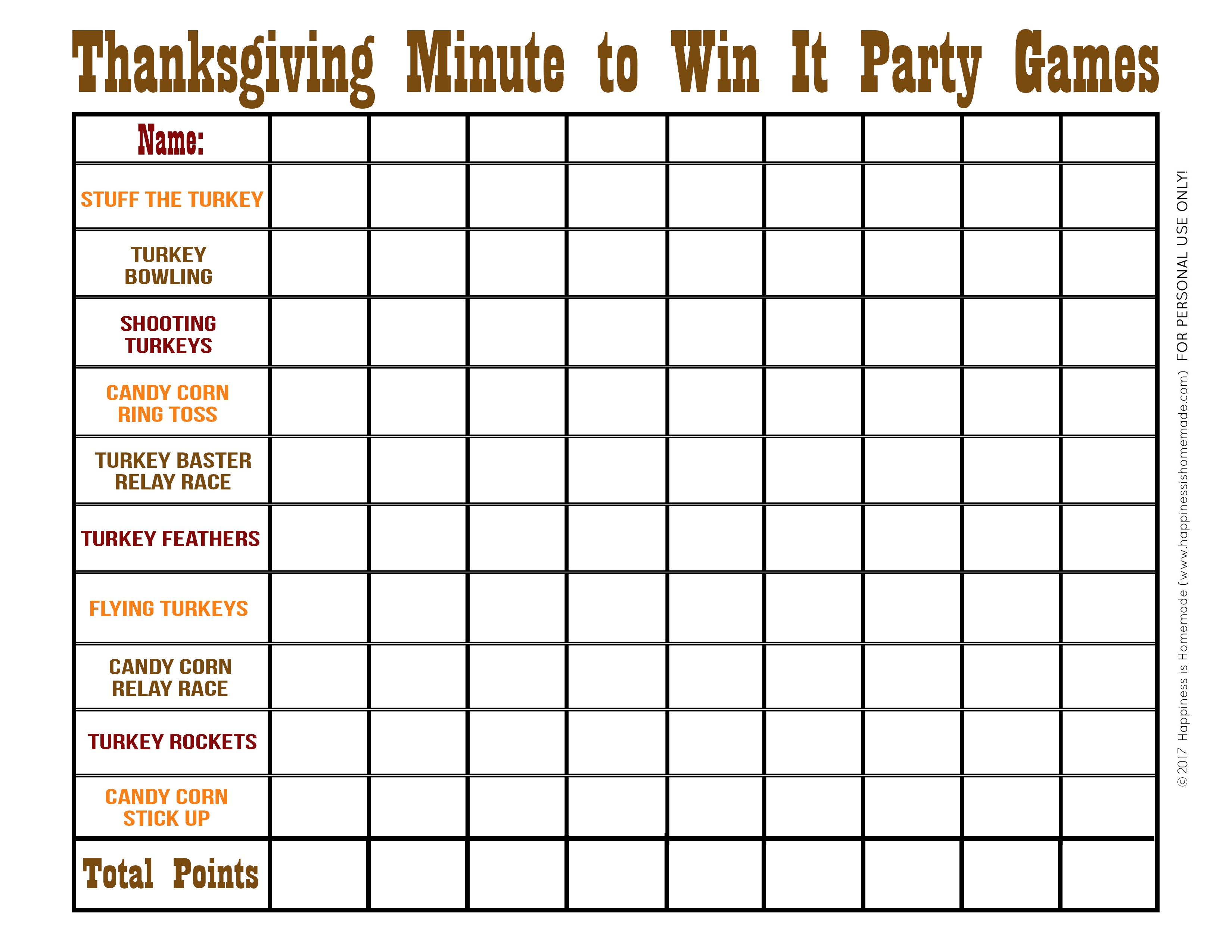 Thanksgiving Minute To Win It Games - Happiness Is Homemade - Thanksgiving Games Printable Free