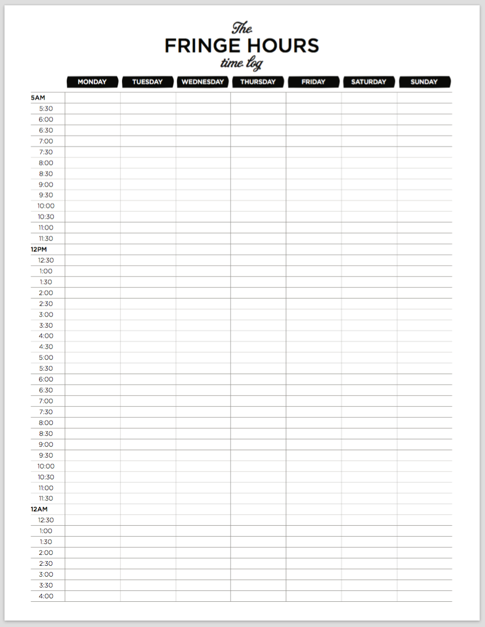 The Fringe Hours Time Tracker Log - To See Where Your Free Time Goes - Free Printable Time Tracking Sheets