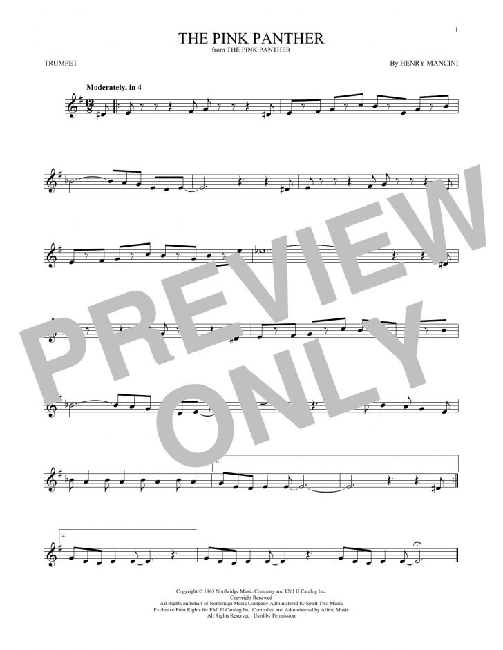 Free Printable Trumpet Sheet Music Pink Panther