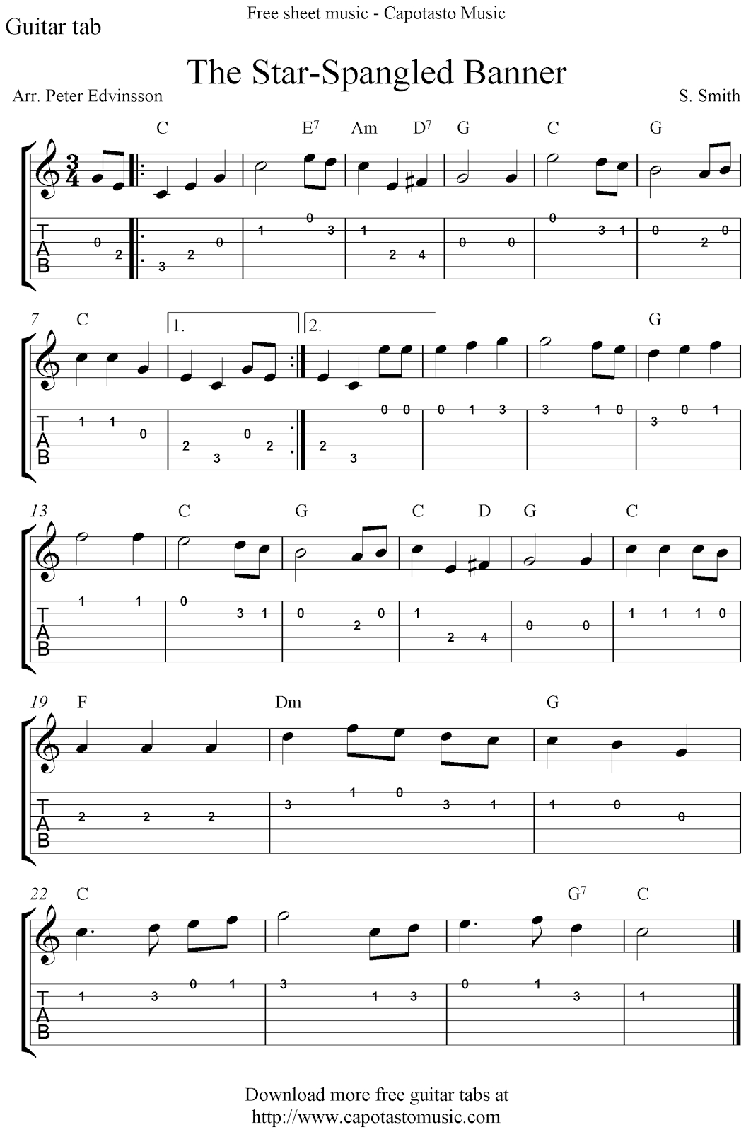 The Star-Spangled Banner, Free Guitar Tablature Sheet Music Notes - Free Printable Guitar Music