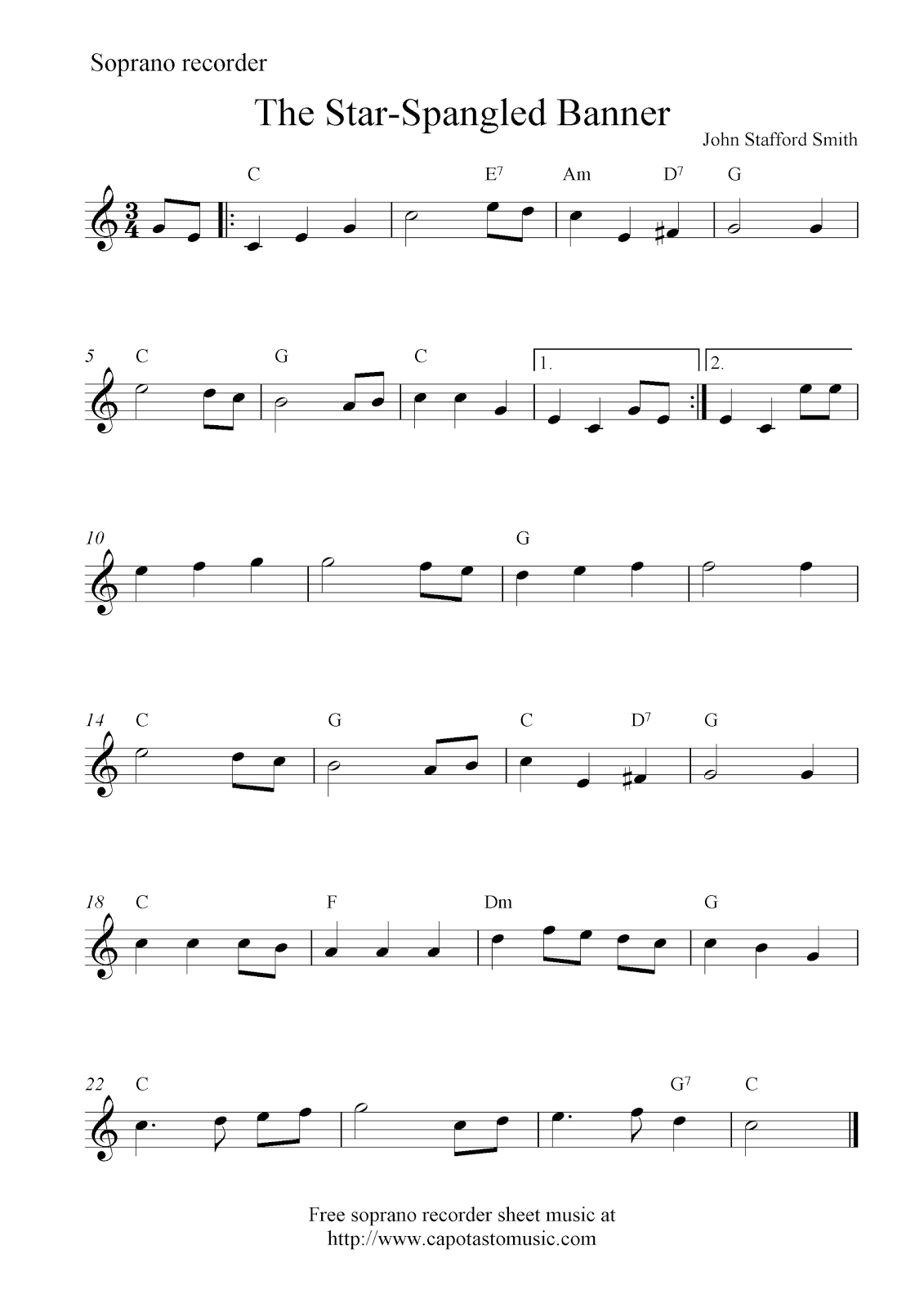The Star-Spangled Banner, Free Soprano Recorder Sheet Music Notes - Free Printable Piano Sheet Music For The Star Spangled Banner