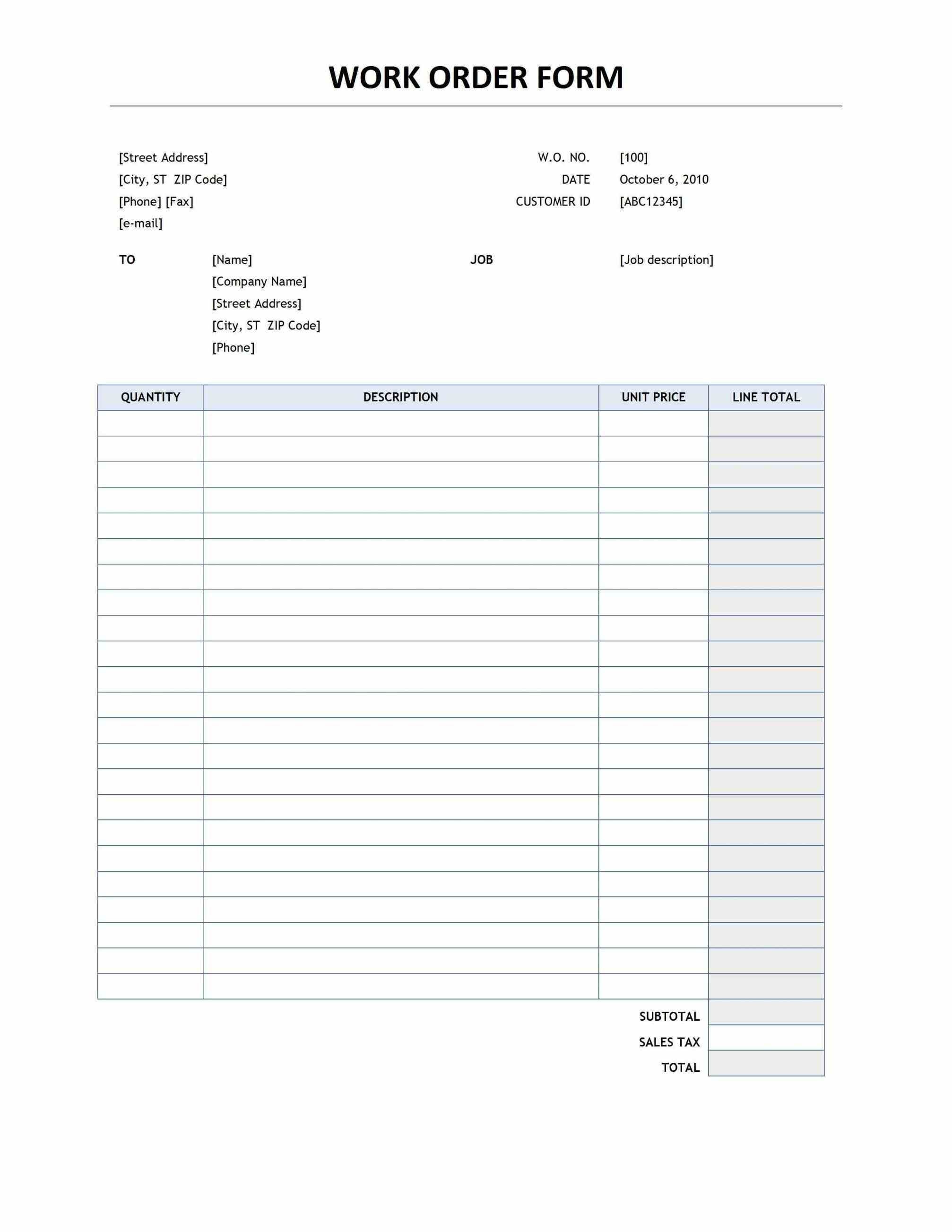 This Initiates The Responsibility Of Providing Details Such As - Free Printable Work Order Template