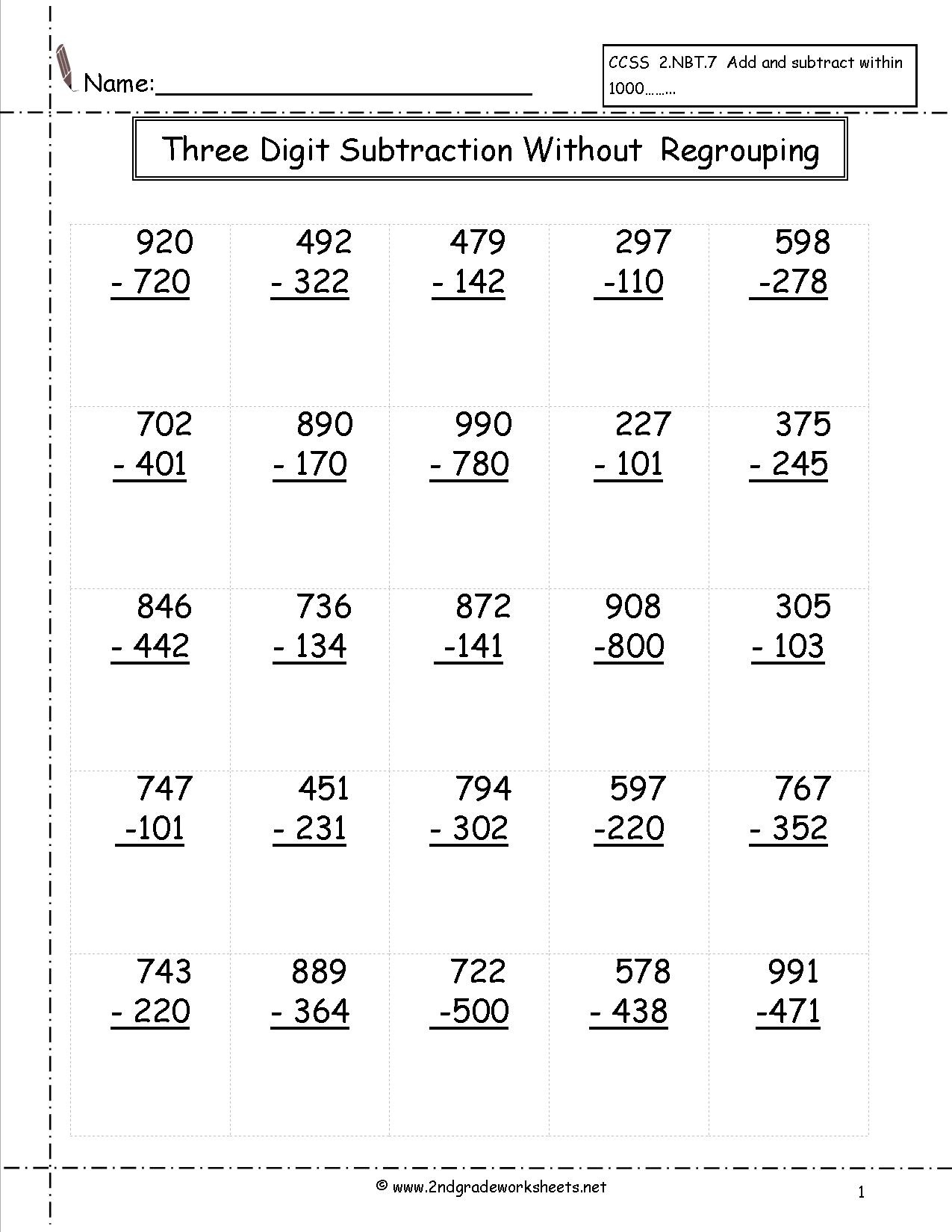 Free Printable 3 Digit Subtraction Worksheets Without Regrouping