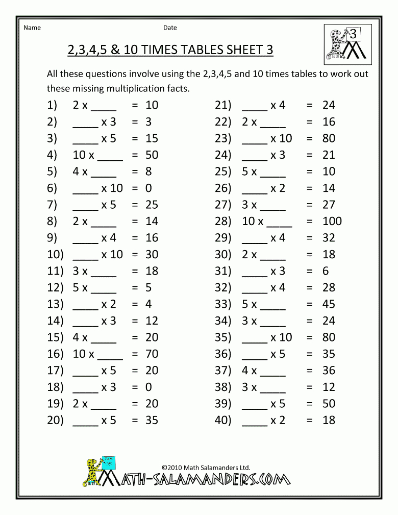 Times Tables Worksheets From Mathsalamanders | Numbers - Free Printable Maths Worksheets Ks1