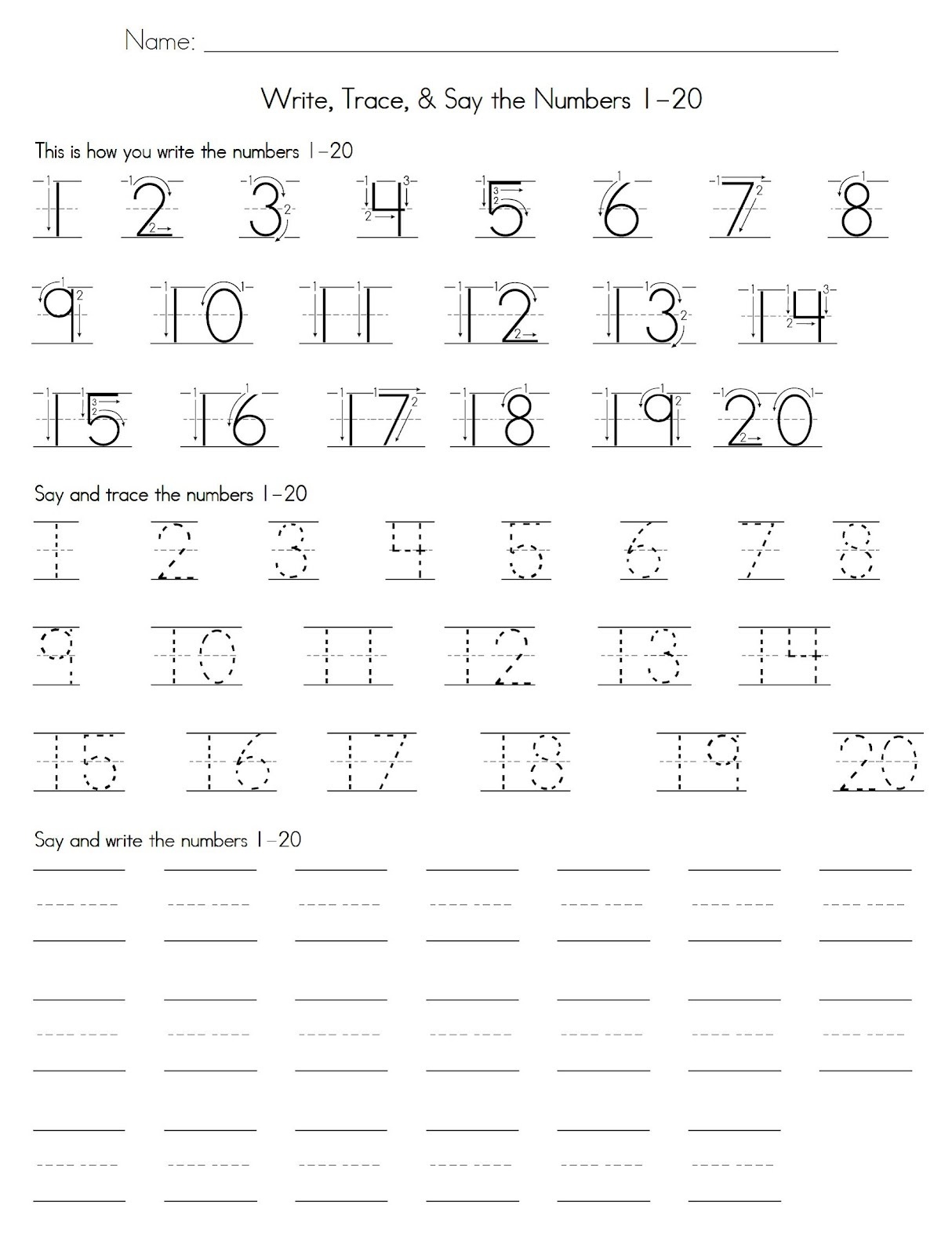 Trace Number 1-20 Worksheets | Activity Shelter - Free Printable Numbers 1 20 Worksheets