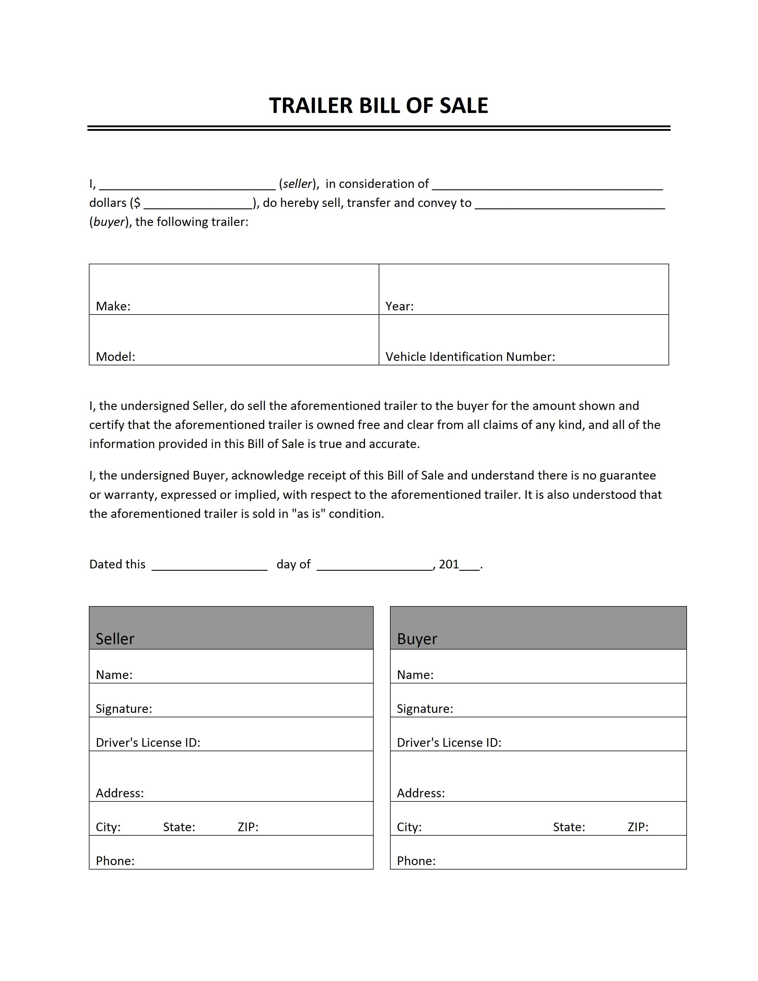 Trailer Bill Of Sale - Free Printable Bill Of Sale For Trailer