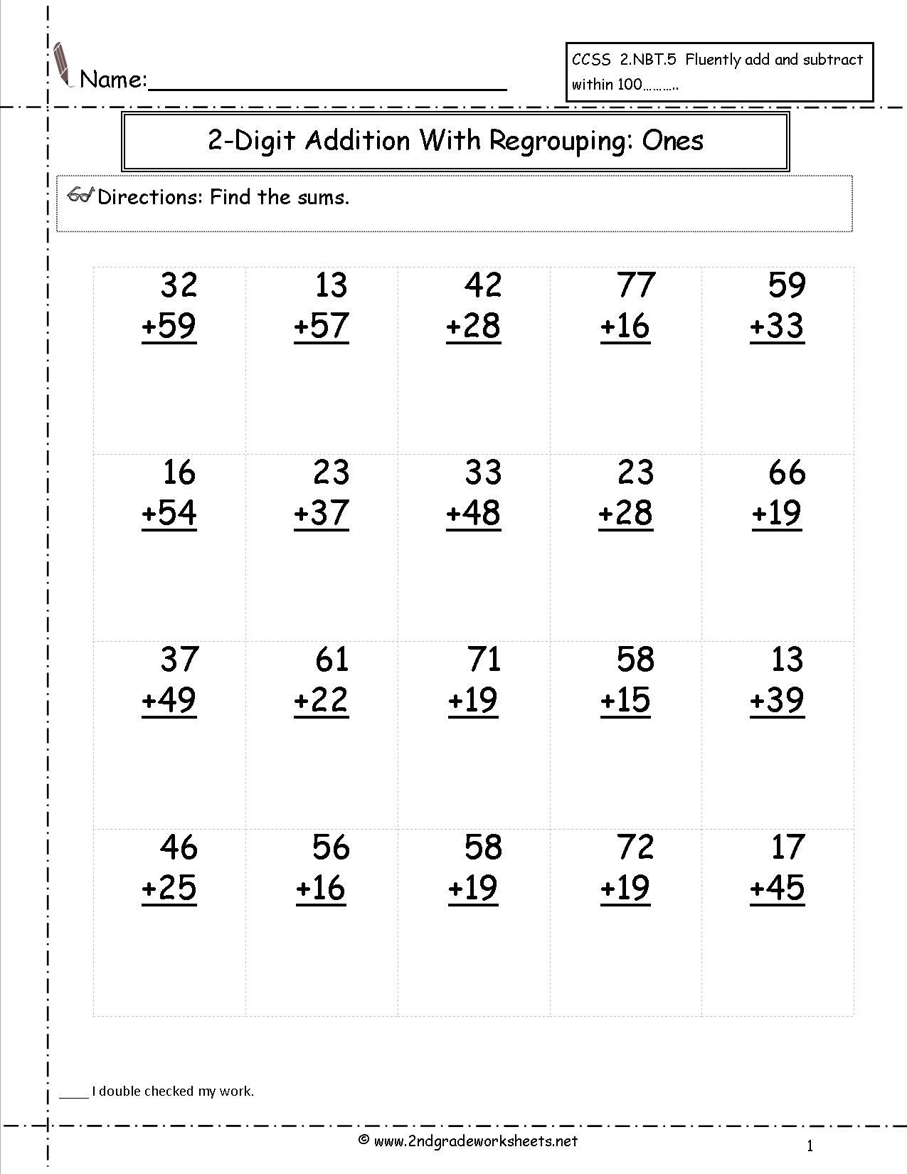 Two Digit Addition With Regrouping Ones To Tens Place Worksheet - Free Printable Double Digit Addition And Subtraction Worksheets
