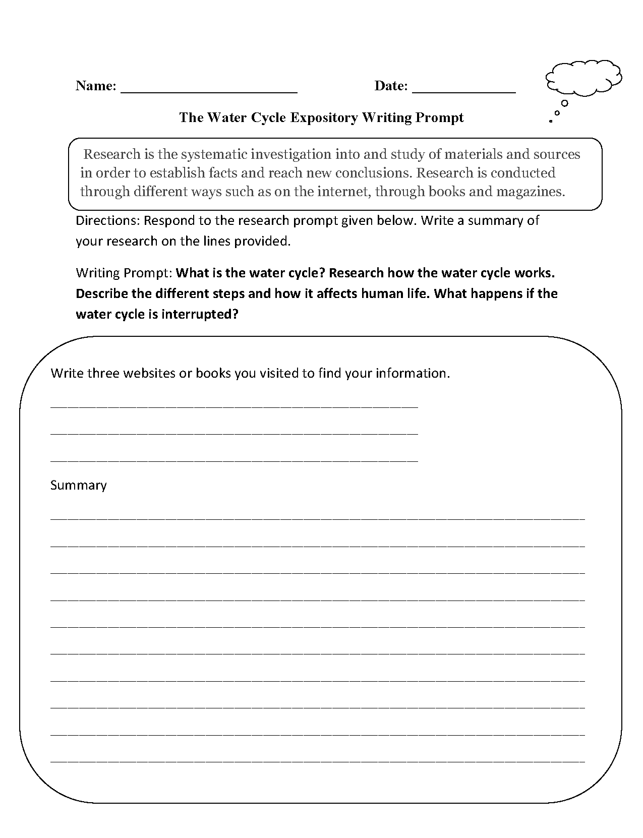 Water Cycle Expository Writing Prompt Worksheet | Work | Expository - 6Th Grade Writing Worksheets Printable Free