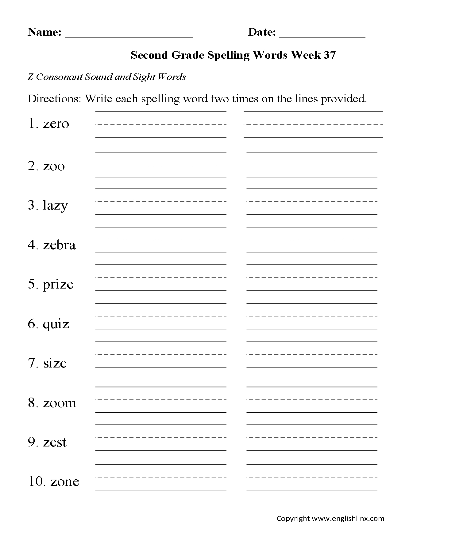 Week 37 Z Consonant Second Grade Spelling Worksheets | Funsheets - 7Th Grade Spelling Worksheets Free Printable
