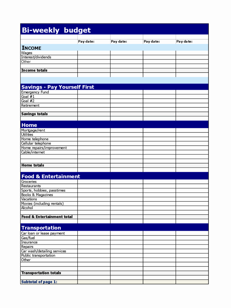 Weekly Budget Spreadsheet Student Template Restaurant Blank Bi - Free Printable Bi Weekly Budget Template