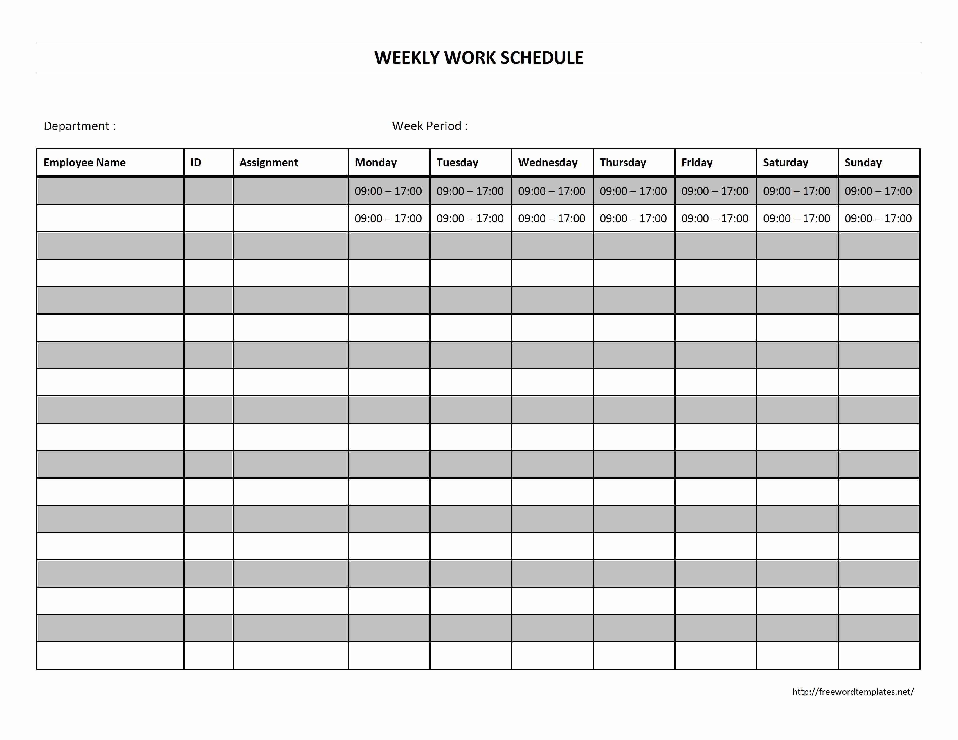 5 day work week schedule template