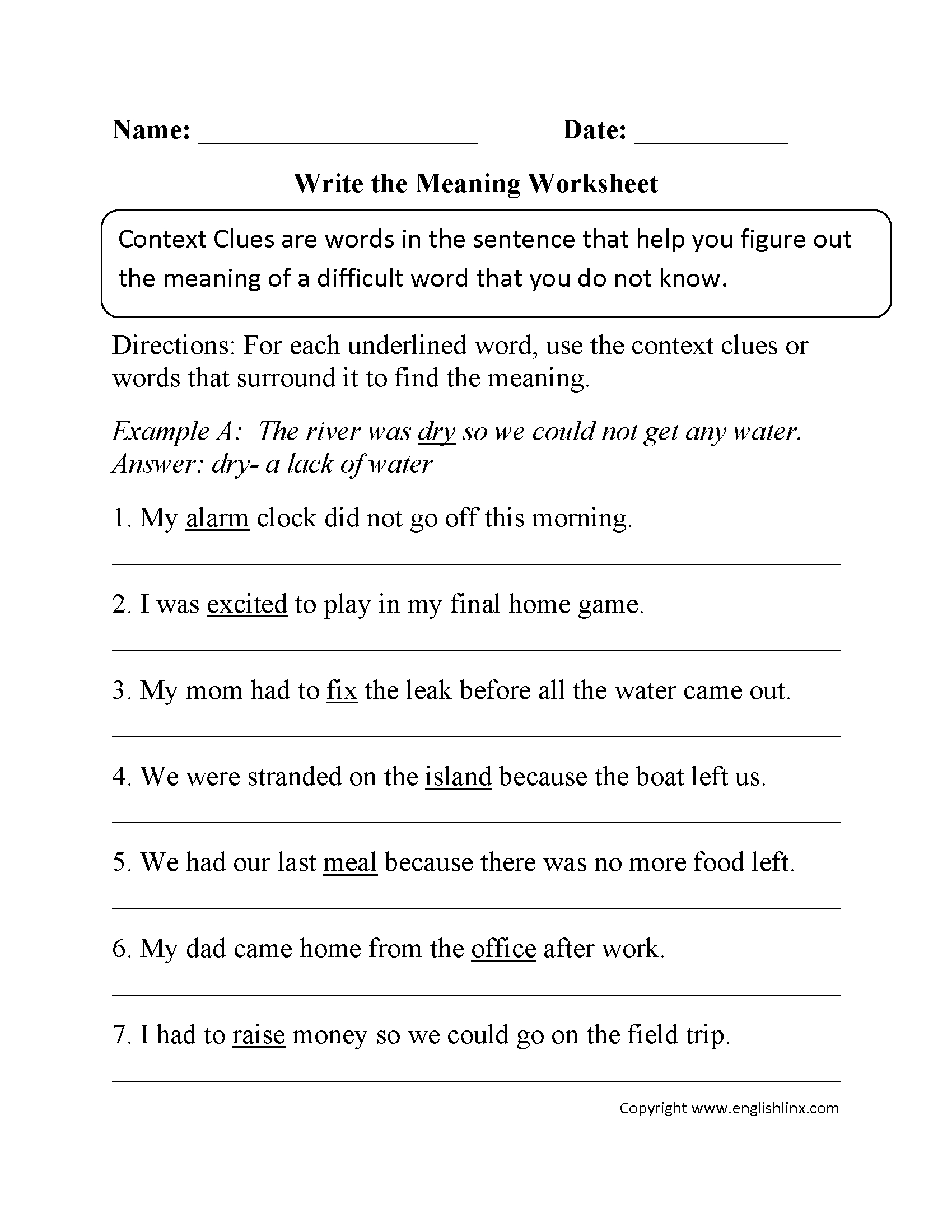 Write The Meaning Context Clues Worksheet | Context Clues | Context - Free Printable 5Th Grade Context Clues Worksheets